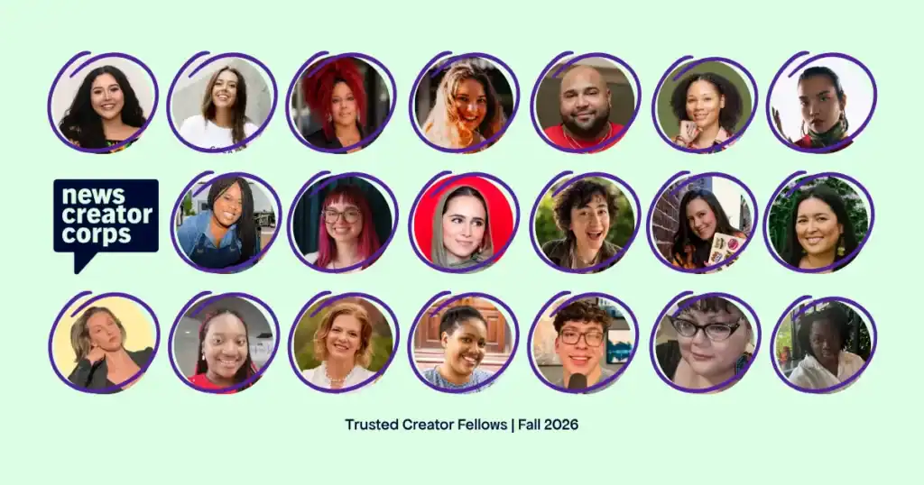 Group photo of diverse News Creator Corps fellows for Fall 2026, showcasing media professionals and journalists in a professional setting.